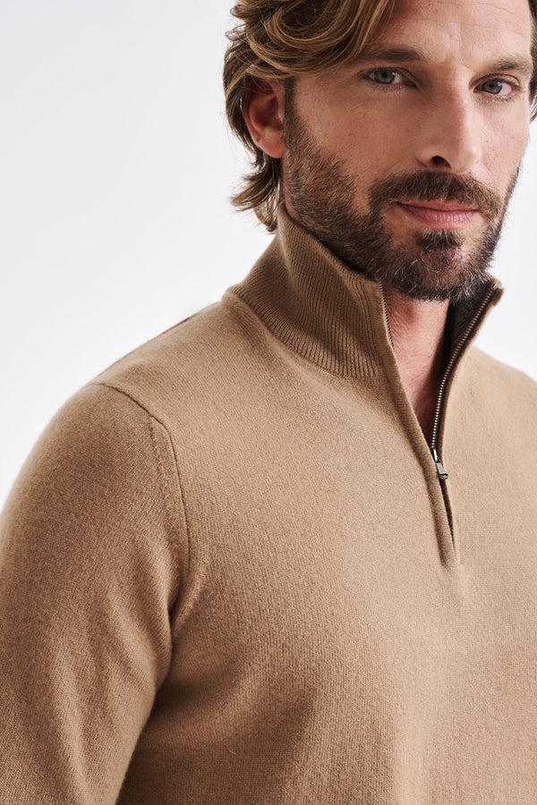 Scabal Camel Wool & Cashmere Plockton Zipped Mock Neck Sweater