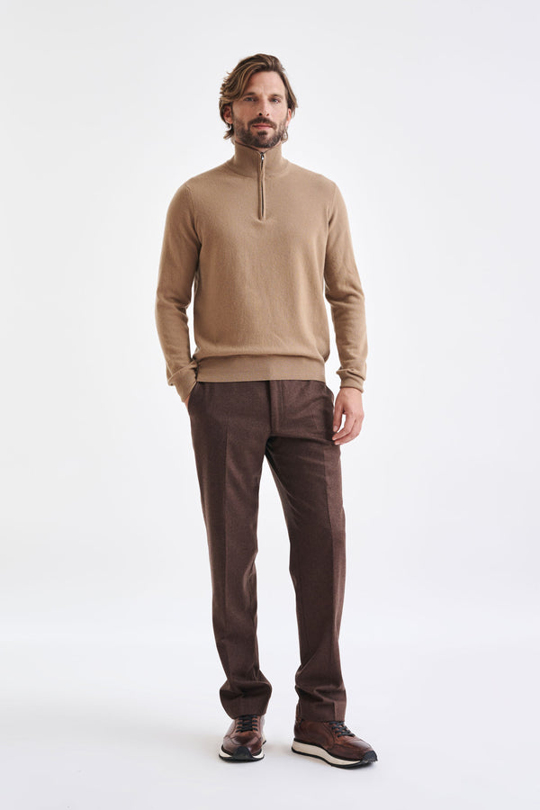 Scabal Camel Wool & Cashmere Plockton Zipped Mock Neck Sweater