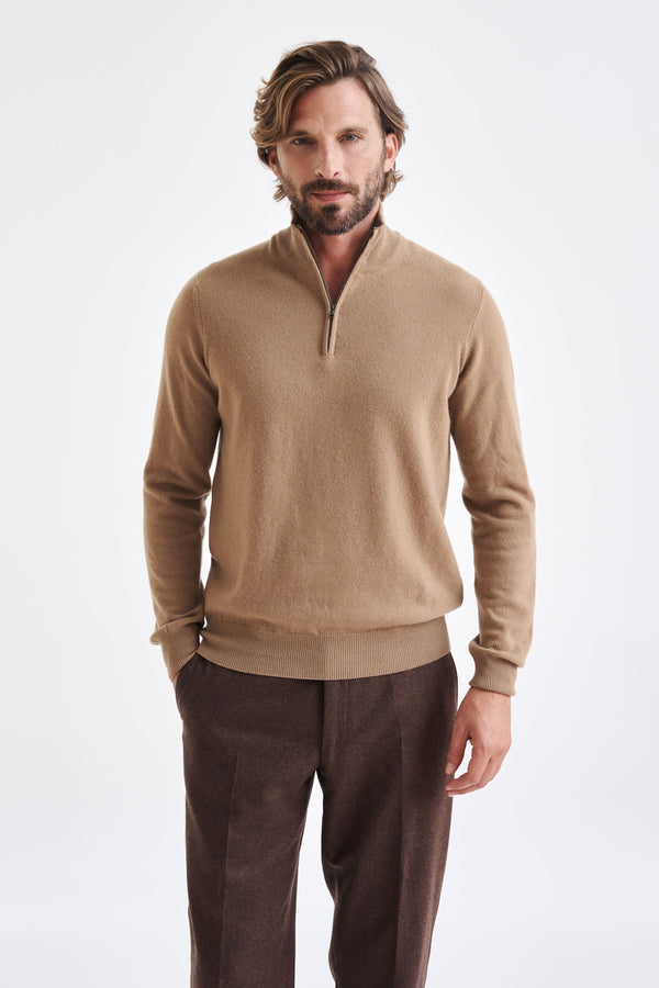 scabal Camel Wool & Cashmere Plockton Zipped Mock Neck Sweater