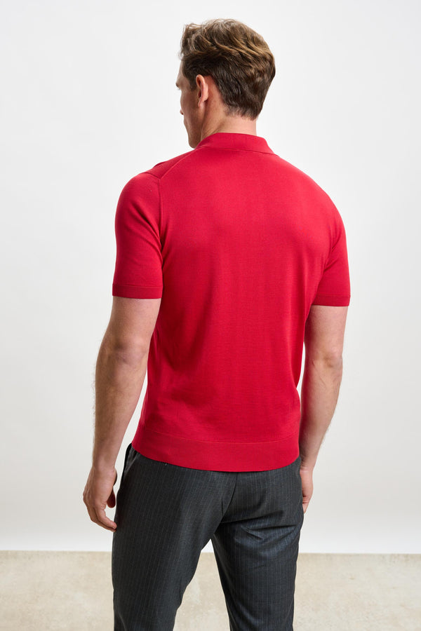 Scabal Carmine Silk Knitted Kendal Short Sleeve 3 Button Polo Shirt