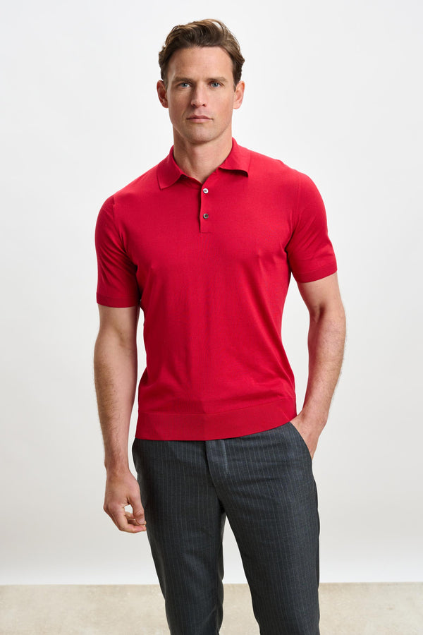 scabal Carmine Silk Knitted Kendal Short Sleeve 3 Button Polo Shirt