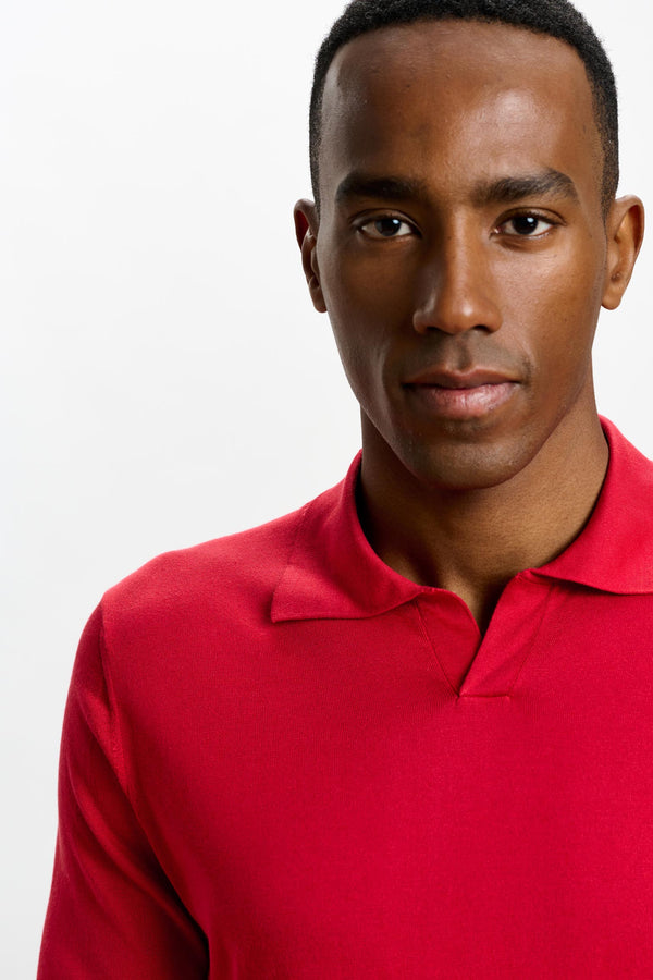 Scabal Carmine Silk Knitted Short Sleeve Open Collar Cawdor Polo Shirt