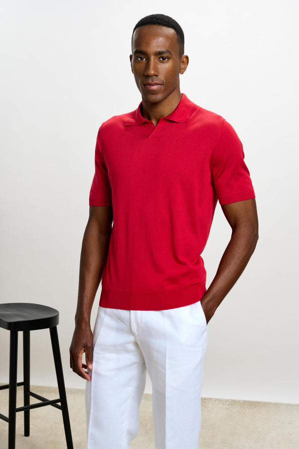 scabal Carmine Silk Knitted Short Sleeve Open Collar Cawdor Polo Shirt