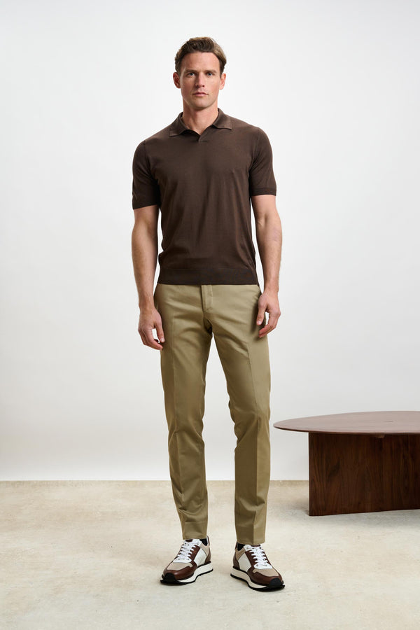 Scabal Chocolate Silk Knitted Short Sleeve Open Collar Cawdor Polo Shirt