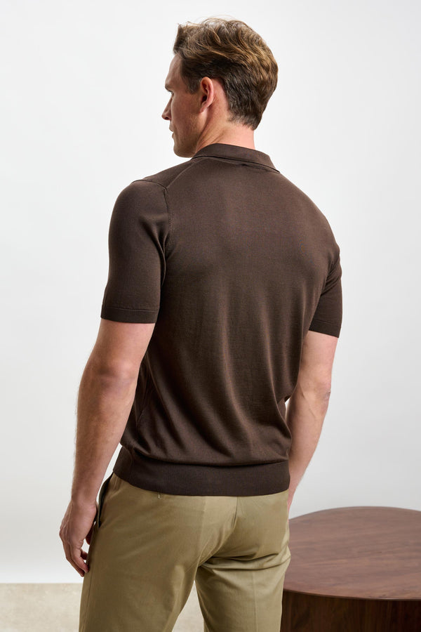 Scabal Chocolate Silk Knitted Short Sleeve Open Collar Cawdor Polo Shirt