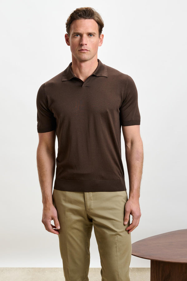 scabal Chocolate Silk Knitted Short Sleeve Open Collar Cawdor Polo Shirt