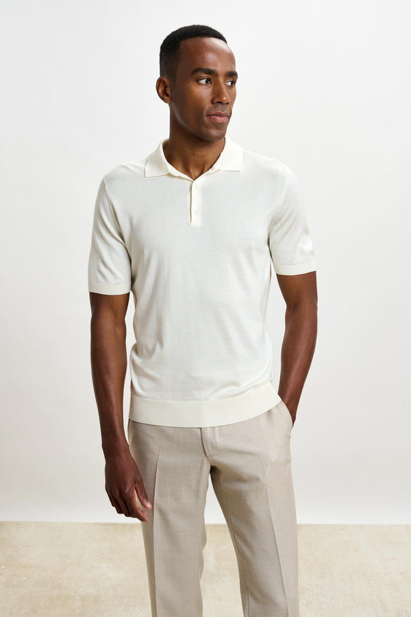 scabal Cream Silk Knitted Kendal Short Sleeve 3 Button Polo Shirt