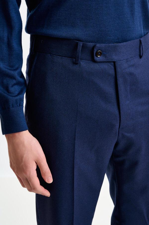 Scabal Dark Blue Super 100's Wool Farley Trousers Flannel Saxony