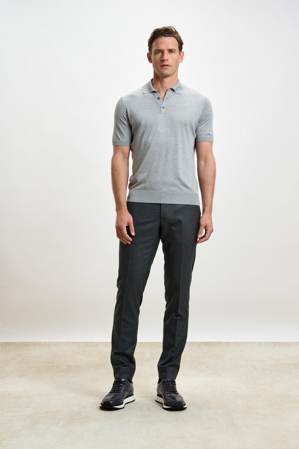 Scabal Dove Grey Silk Knitted Kendal Short Sleeve 3 Button Polo Shirt