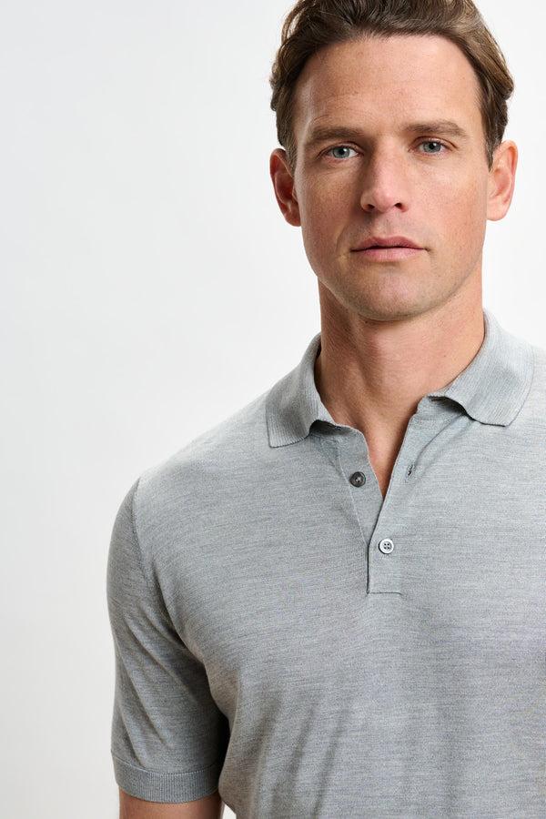 Scabal Dove Grey Silk Knitted Kendal Short Sleeve 3 Button Polo Shirt
