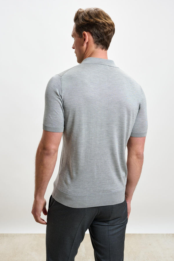 Scabal Dove Grey Silk Knitted Kendal Short Sleeve 3 Button Polo Shirt