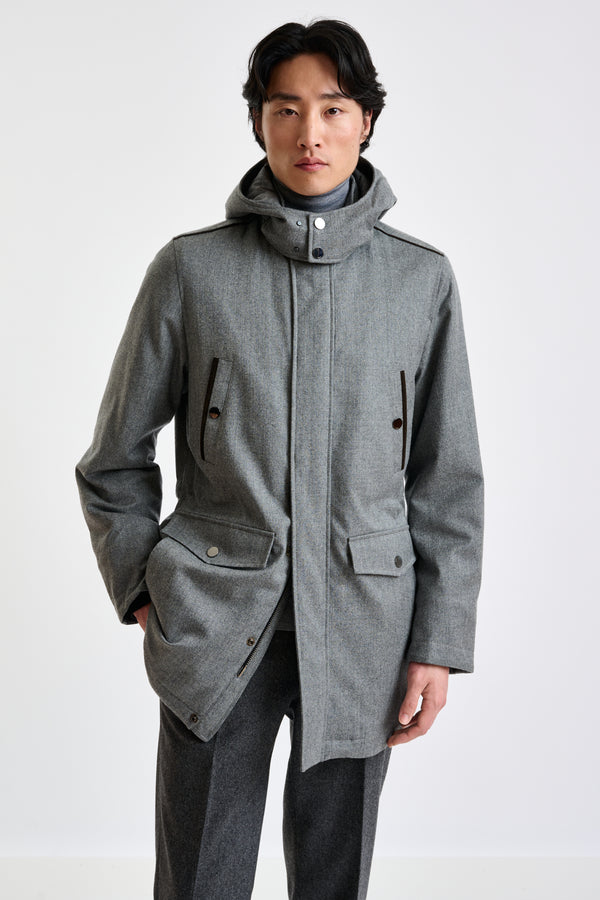 scabal Grey 100% Technical Wool Flannel Bedford Parka