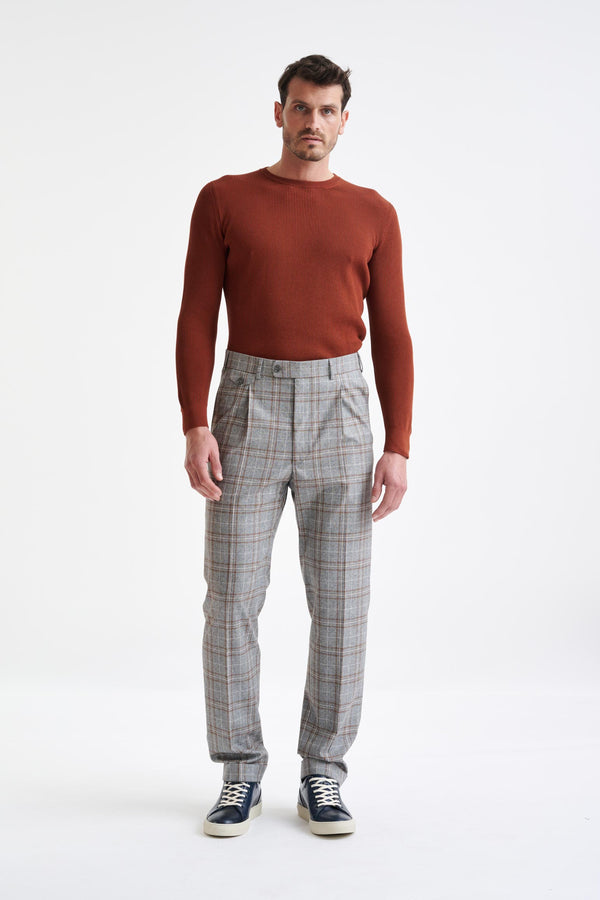 Scabal Grey Brown Check Wool & Cotton Farley Trousers Lifestyle
