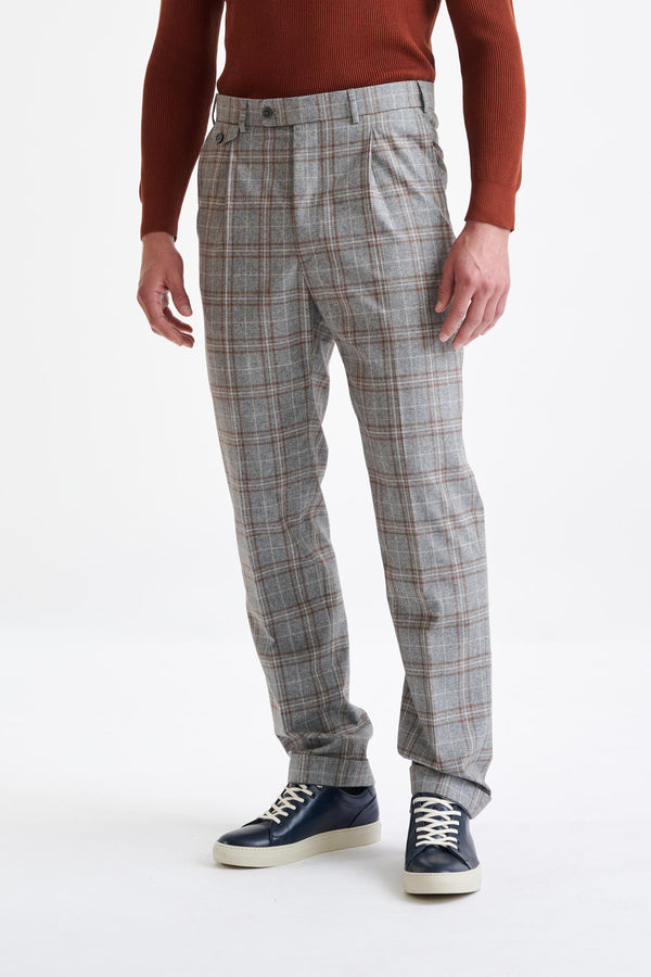 scabal Grey Brown Check Wool & Cotton Farley Trousers Lifestyle