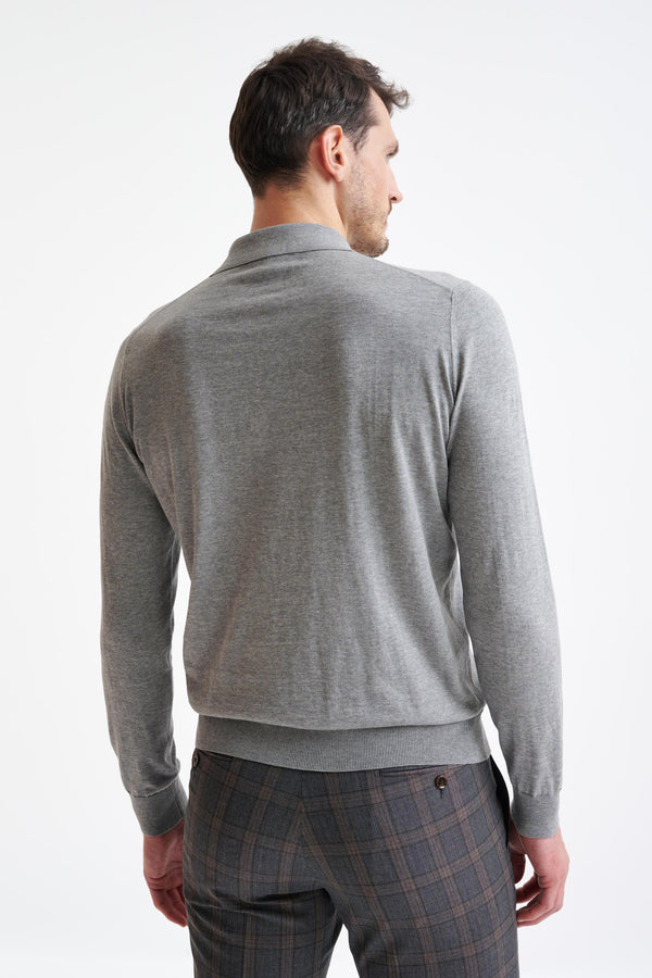 Scabal Grey Cotton Harwich Long Sleeve Knitted Polo