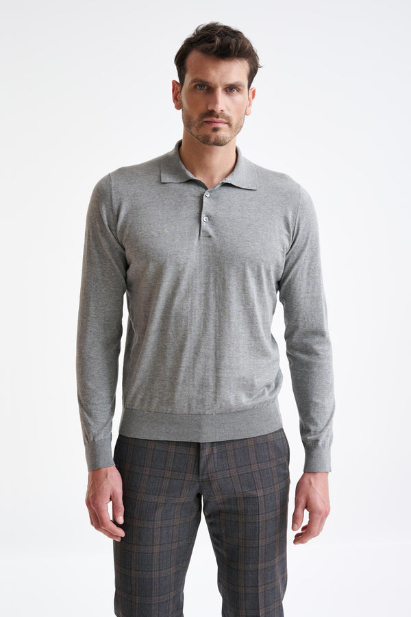 scabal Grey Cotton Harwich Long Sleeve Knitted Polo