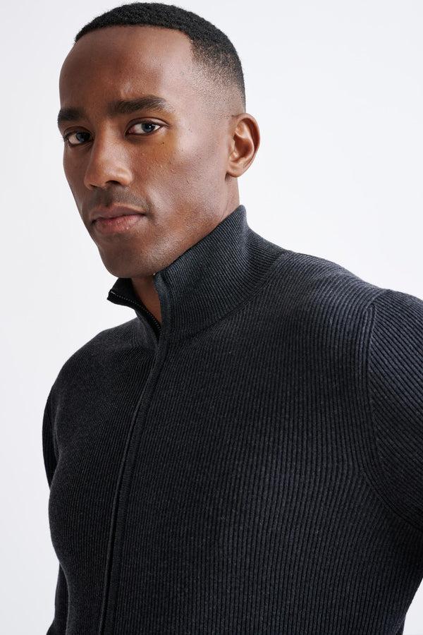 Scabal Grey Melange Cotton Exford FullZip Knitted Sweater