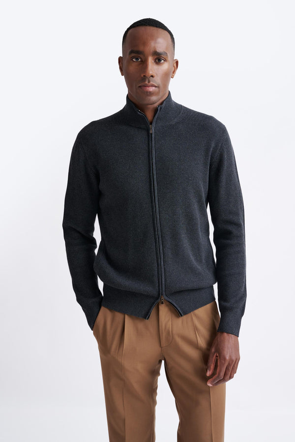 scabal Grey Melange Cotton Exford FullZip Knitted Sweater
