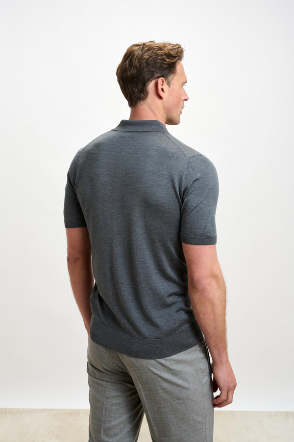 Scabal Grey Silk Knitted Kendal Short Sleeve 3 Button Polo Shirt