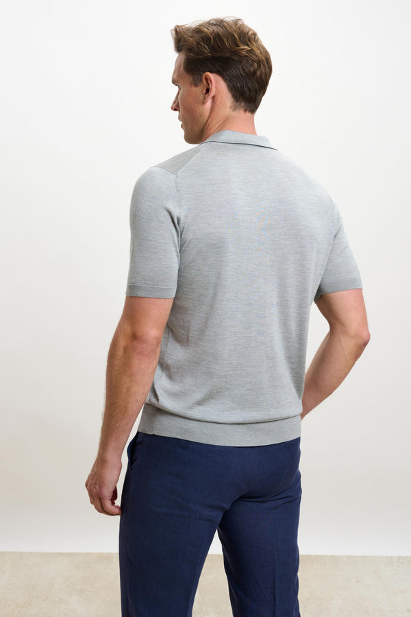 Scabal Grey Silk Knitted Short Sleeve Open Collar Cawdor Polo Shirt