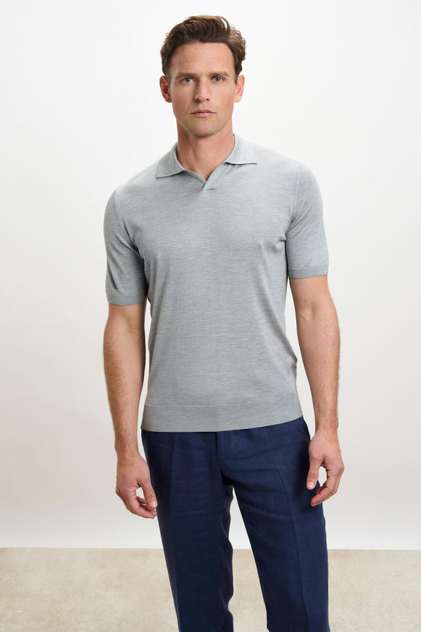 scabal Grey Silk Knitted Short Sleeve Open Collar Cawdor Polo Shirt