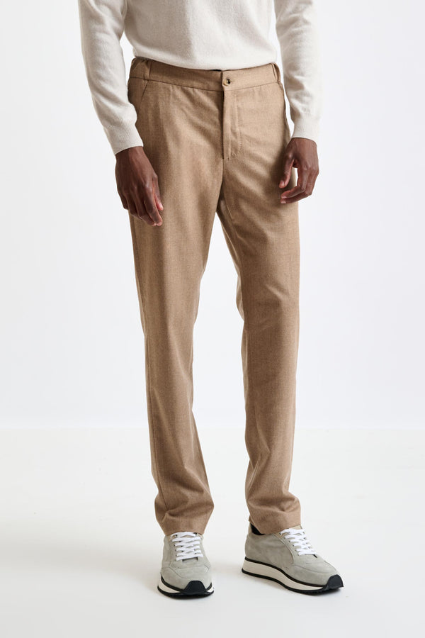 scabal Light Brown 100% Wool Perth Drawstring Trousers Flannel Saxony