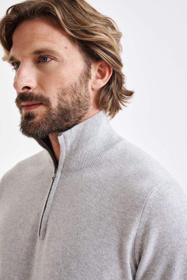 Scabal Light Grey Melange Wool & Cashmere Plockton Zipped Mock Neck Sweater