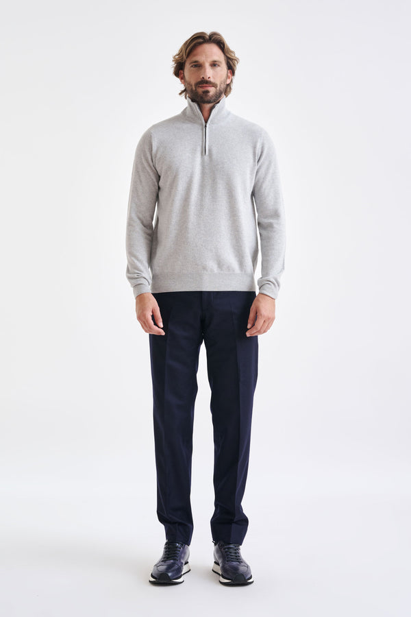 Scabal Light Grey Melange Wool & Cashmere Plockton Zipped Mock Neck Sweater