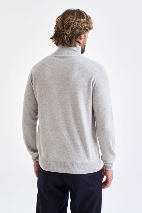 Scabal Light Grey Melange Wool & Cashmere Plockton Zipped Mock Neck Sweater