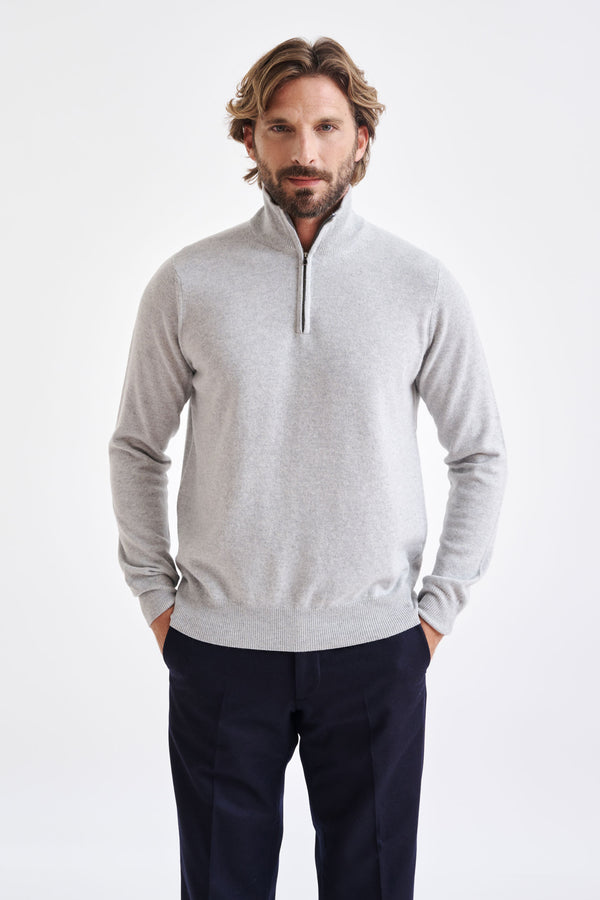 scabal Light Grey Melange Wool & Cashmere Plockton Zipped Mock Neck Sweater