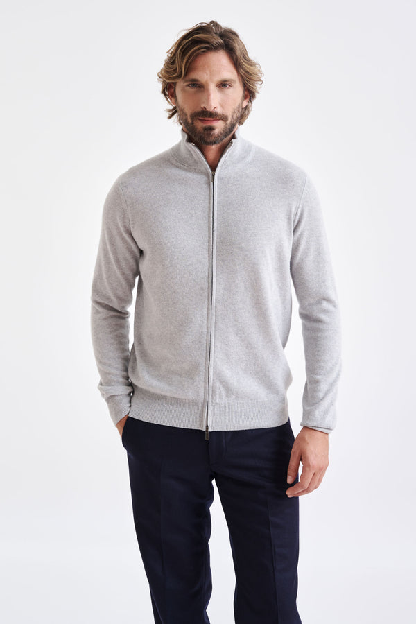 scabal Light Grey Melange Wool & Cashmere Thurso Full Zip Sweater