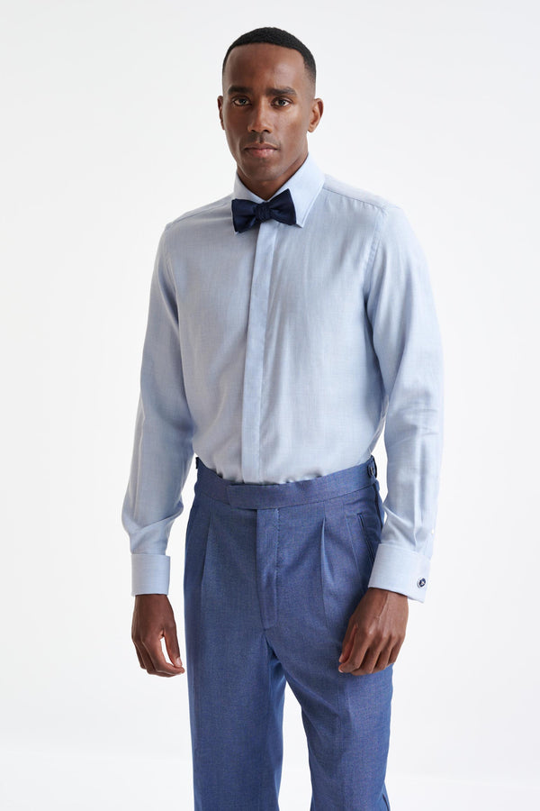 scabal Medium Blue Melange Cotton & Cashmere Twill Formal Shirt