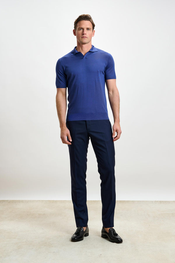 Scabal Medium Blue Silk Knitted Short Sleeve Open Collar Cawdor Polo Shirt