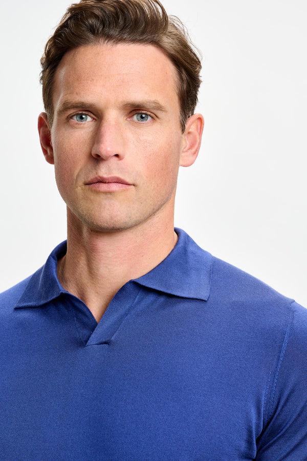 Scabal Medium Blue Silk Knitted Short Sleeve Open Collar Cawdor Polo Shirt