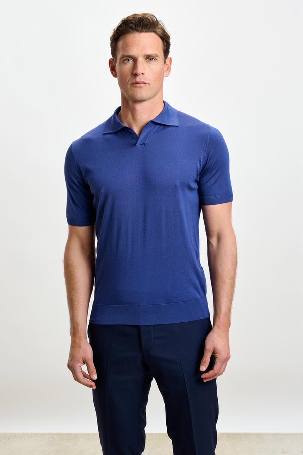 scabal Medium Blue Silk Knitted Short Sleeve Open Collar Cawdor Polo Shirt