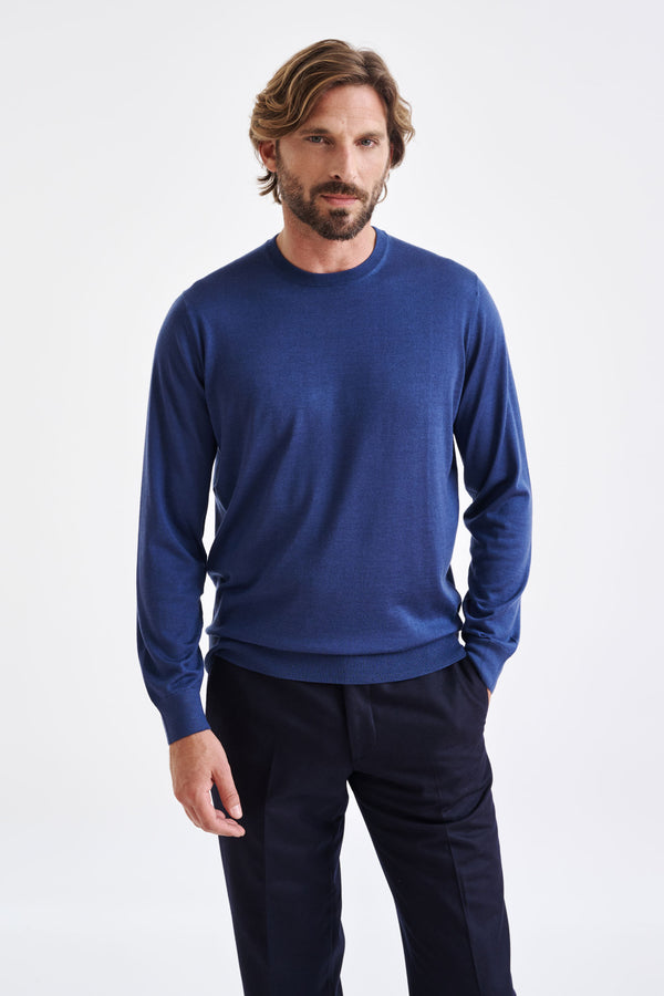 scabal Metal Blue Cashmere Merino Silk Blend Crewe Sweater