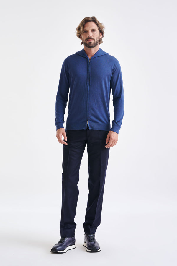 Scabal Metal Blue Cashmere Merino Silk Blend Goole Zipped Hoodie Knit