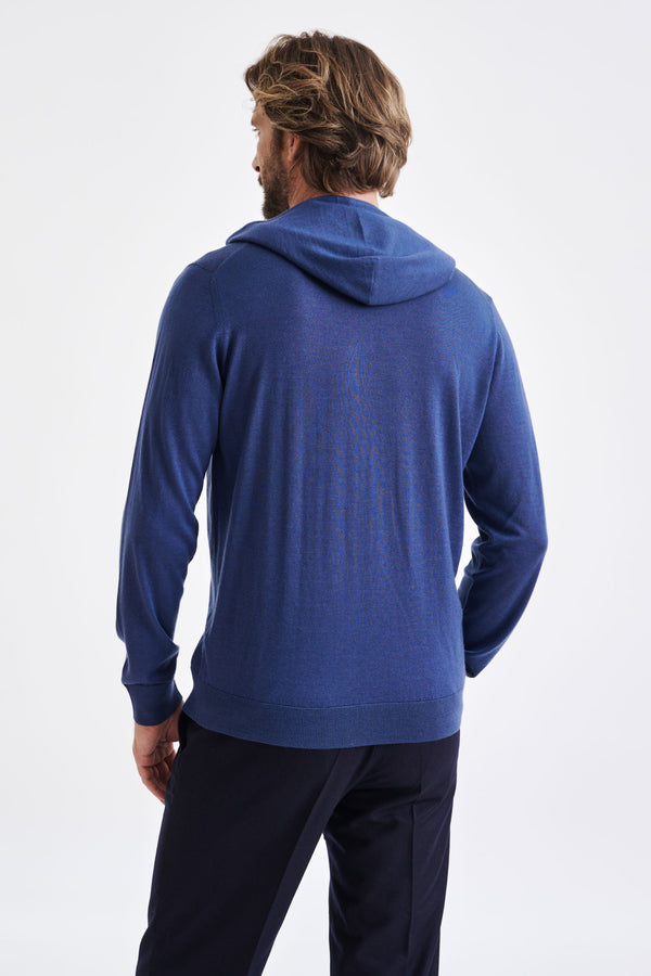 Scabal Metal Blue Cashmere Merino Silk Blend Goole Zipped Hoodie Knit