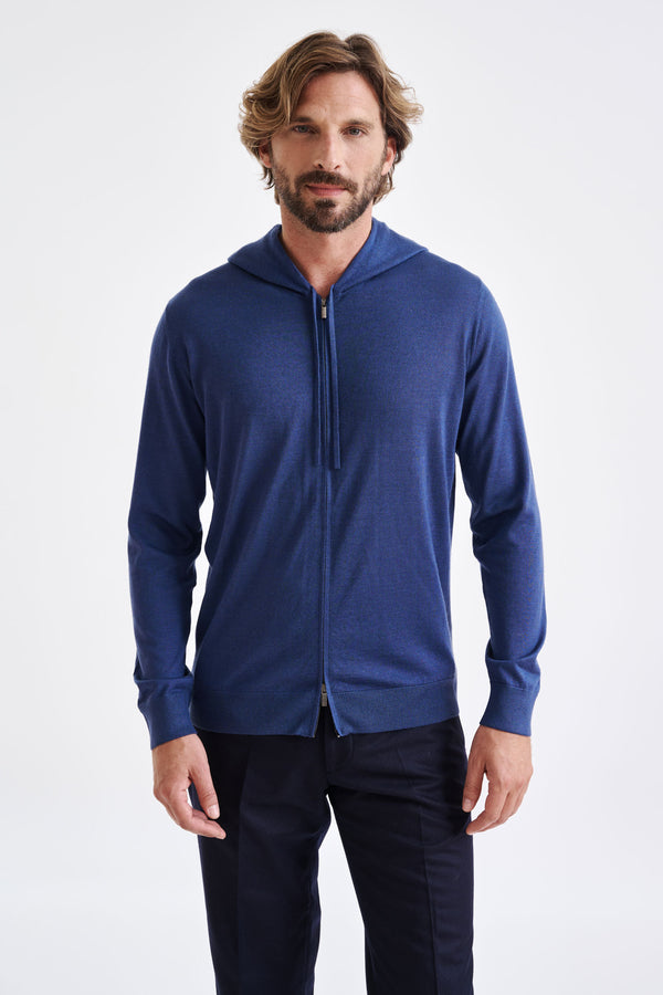 scabal Metal Blue Cashmere Merino Silk Blend Goole Zipped Hoodie knit