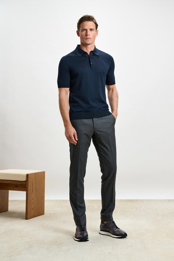 scabal Midnight Blue Silk Knitted Kendal Short Sleeve 3 Button Polo Shirt