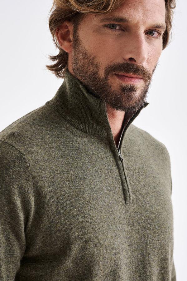 Scabal Moss Wool & Cashmere Plockton Zipped Mock Neck Sweater