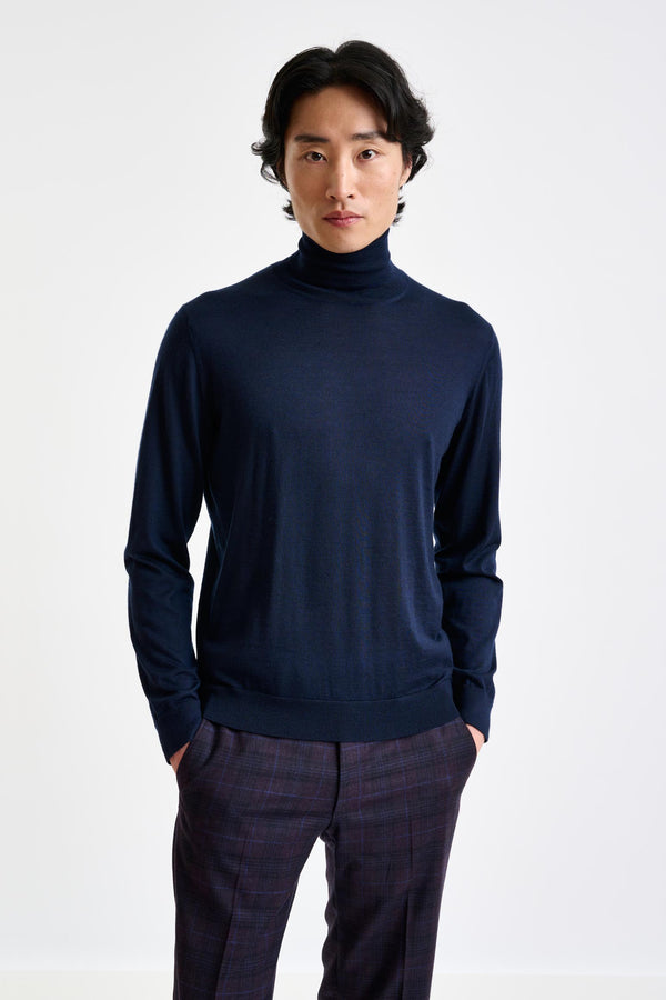 scabal Navy Cashmere Merino Silk Blend Telford Turtleneck Sweater