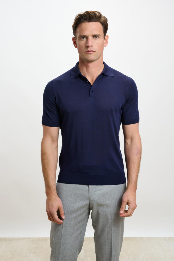 scabal Navy Silk Knitted Kendal Short Sleeve 3 Button Polo Shirt