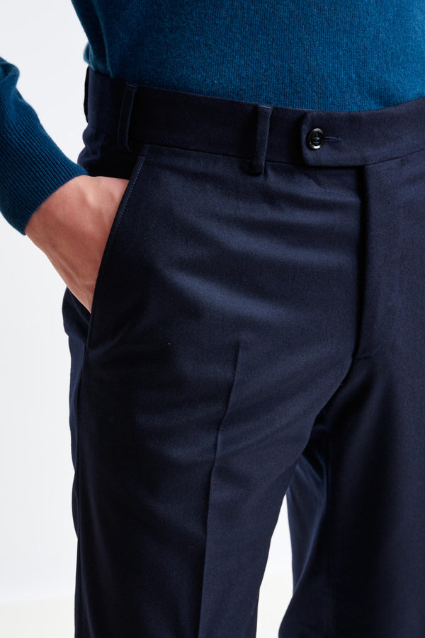 Scabal Navy Super 120's Wool Farley Trousers Flannel Saxony