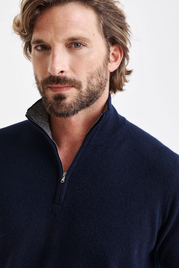 Scabal Navy Wool & Cashmere Plockton Zipped Mock Neck Sweater