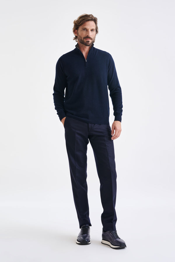 Scabal Navy Wool & Cashmere Plockton Zipped Mock Neck Sweater