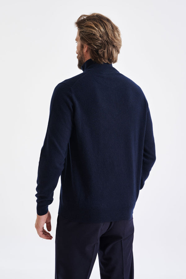 Scabal Navy Wool & Cashmere Plockton Zipped Mock Neck Sweater