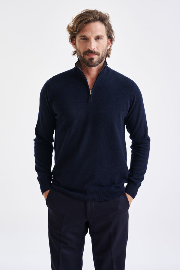 scabal Navy Wool & Cashmere Plockton Zipped Mock Neck Sweater