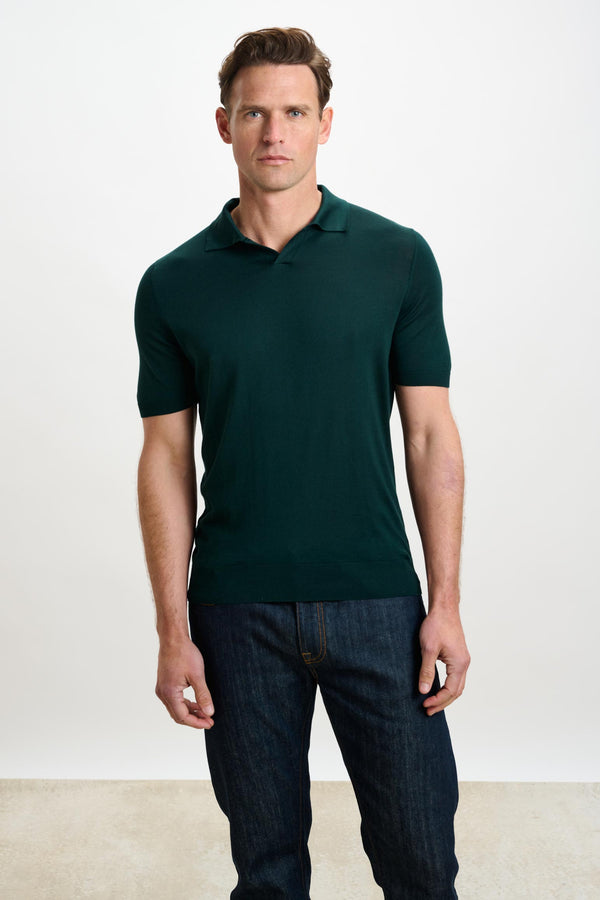 scabal Petrol Green Silk Knitted Short Sleeve Open Collar Cawdor Polo Shirt