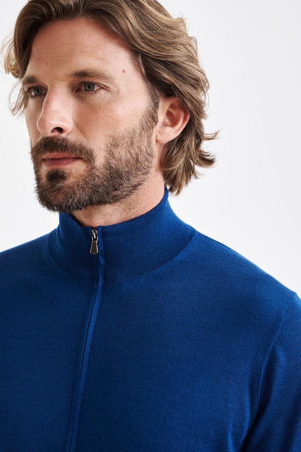 Scabal Pilot Blue Cashmere & Silk Repton Fullzip Sweater
